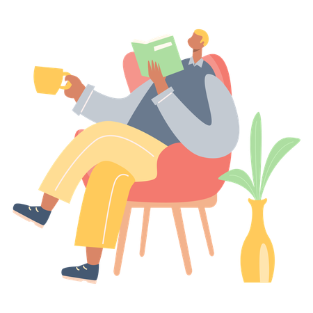 Man Reading Book and Drinking Coffee  Illustration