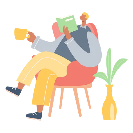 Man Reading Book and Drinking Coffee  Illustration