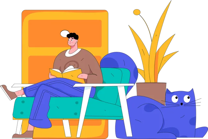 自宅で本を読んでいる男性  イラスト