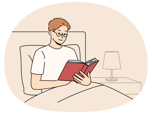 Man reading book before bedtime while sitting in bed at night and enjoying plot of fantasy novel  Illustration