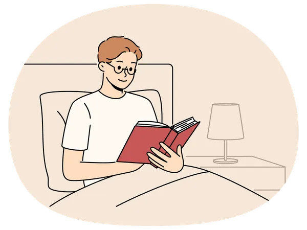 Man reading book before bedtime while sitting in bed at night and enjoying plot of fantasy novel  Illustration