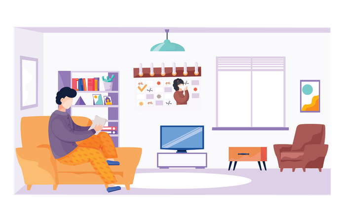 Man reading book during quarantine period  Illustration