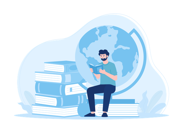 Man reading book in world of global education  Illustration