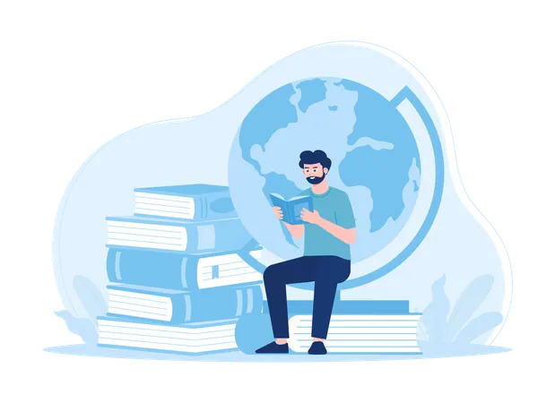 A Man Reading A Book In The World Of Global Education Trending Concept Flat Illustration Illustration