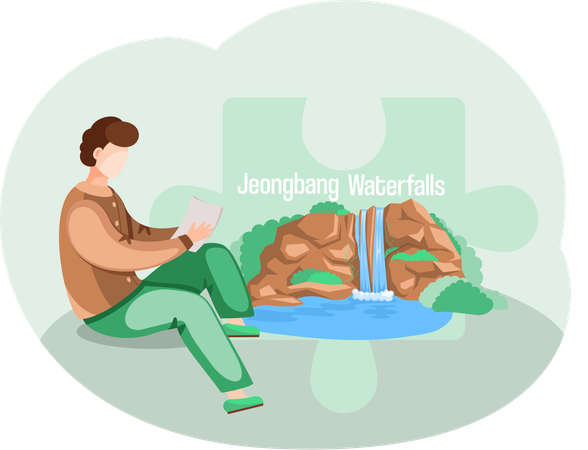 Man reading book near Jeongbang Waterfalls  Illustration