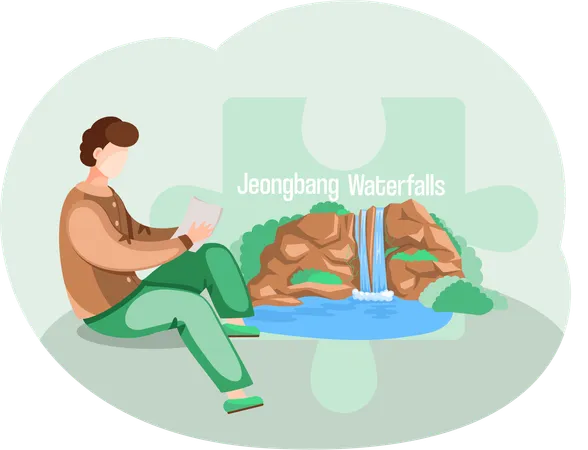 Man reading book near Jeongbang Waterfalls  Illustration