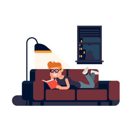 Man reading book on a couch at night  Illustration