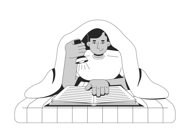 Man Reading book under blanket with flashlight  Illustration