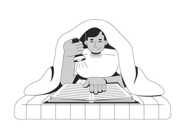 Man Reading book under blanket with flashlight  Illustration