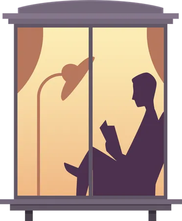 Man reading book view from window Illustration