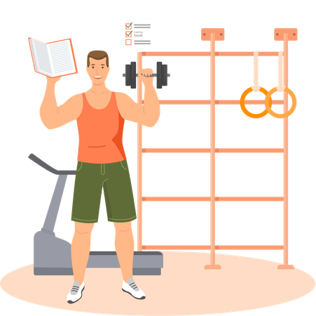 Man reading book while doing exercise  Illustration