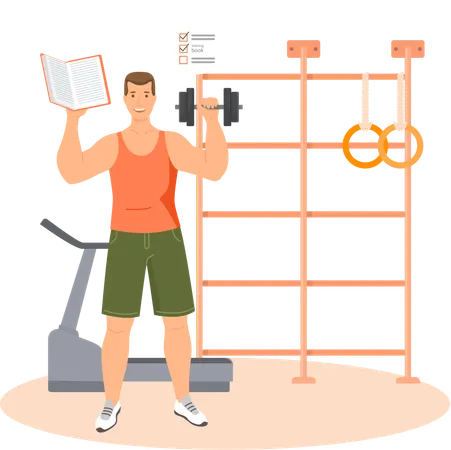 Man reading book while doing exercise  Illustration