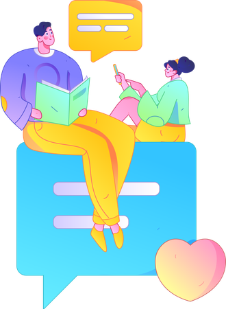 Man reading book while girl doing mobile chatting  Illustration