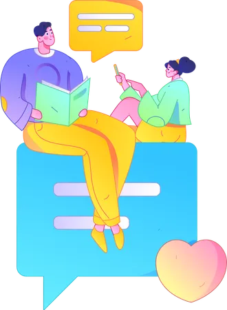 Man reading book while girl doing mobile chatting  Illustration