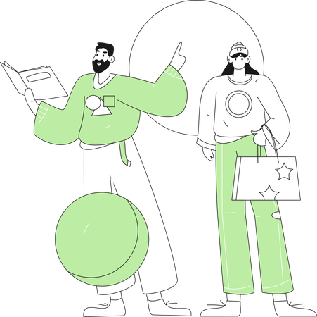 Man reading book while girl standing with shopping bag  Illustration