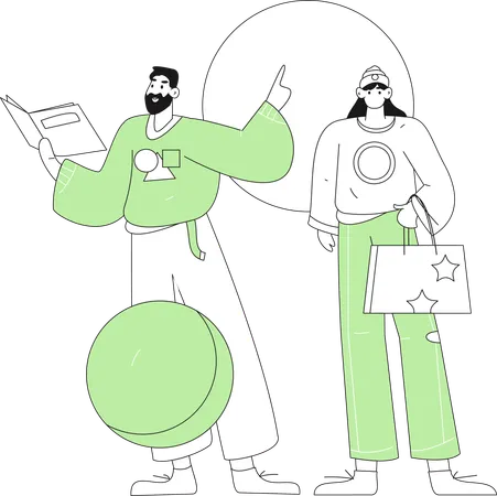 Man reading book while girl standing with shopping bag  Illustration