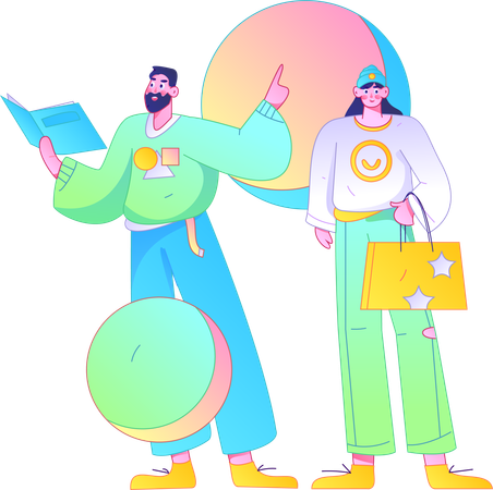 Man reading book while girl standing with shopping bag  Illustration