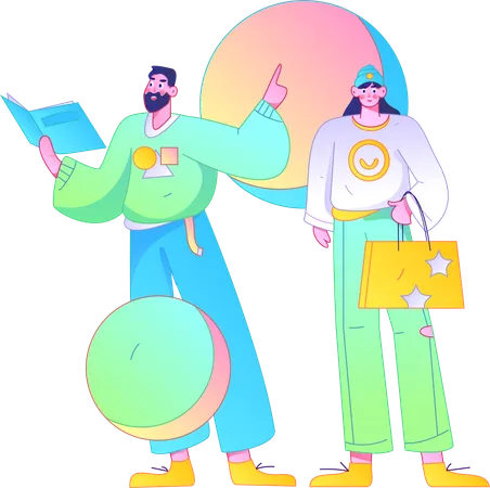 Man reading book while girl standing with shopping bag  Illustration