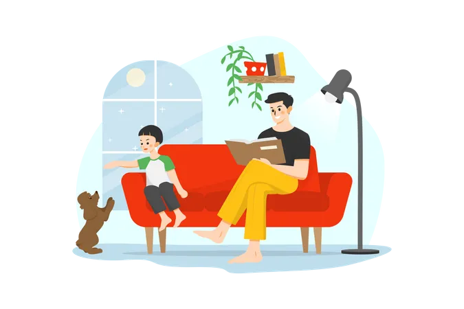 Man reading book while his kid playing with dog  Illustration