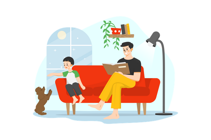 Man reading book while his kid playing with dog  Illustration