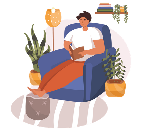 Man reading book while relaxing in couch  イラスト