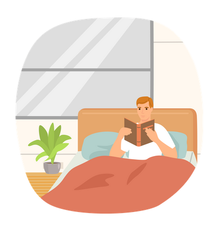 Man reading book while relaxing on bed Illustration