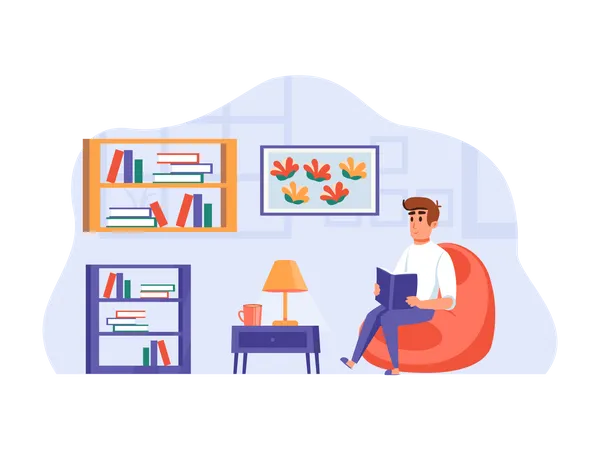 Man reading book while sitting at home comfortably Illustration