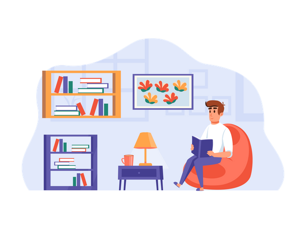 Man reading book while sitting at home comfortably  Illustration