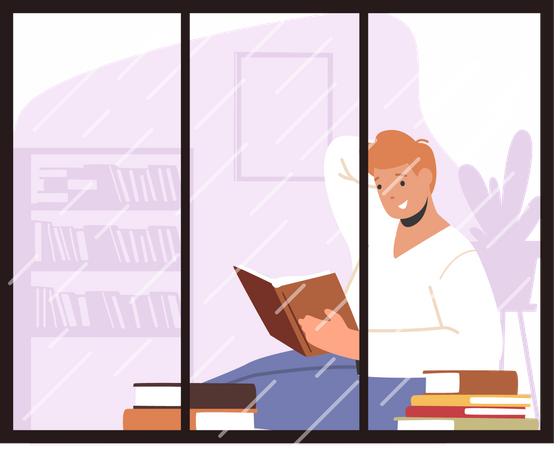 Man reading book while sitting at window  Illustration