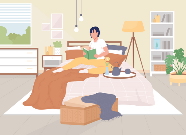 Man reading book while sitting on bed Illustration