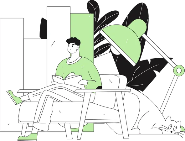Man reading book while sitting on couch  Illustration