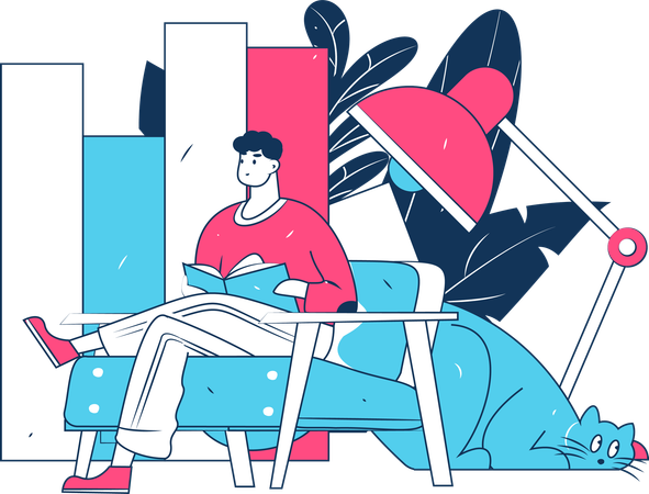 Man reading book while sitting on couch  Illustration