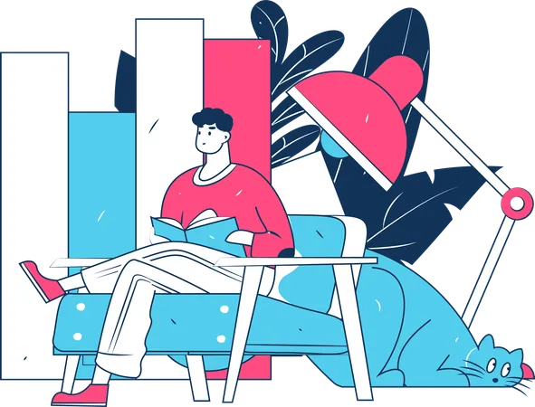 Man reading book while sitting on couch  Illustration