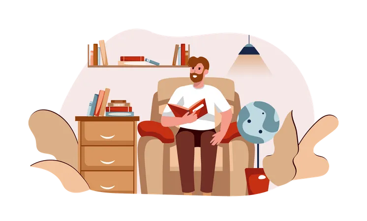 Man reading book while sitting on sofa  Illustration
