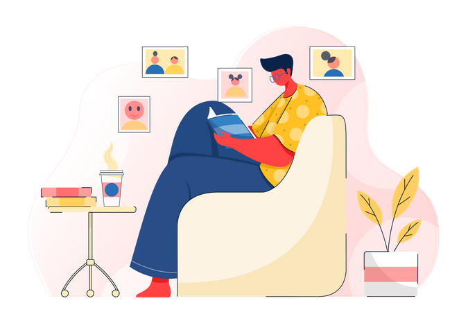 Man reading book while sitting on sofa at home  Illustration