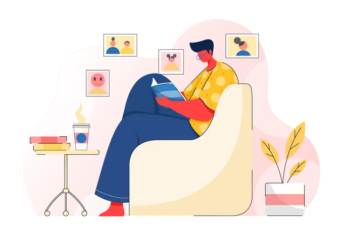 Man reading book while sitting on sofa at home  Illustration