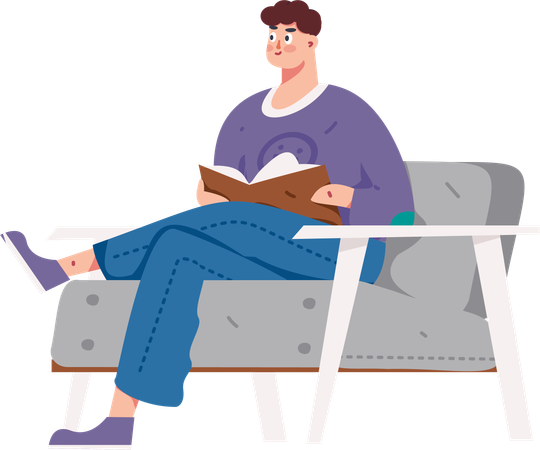 Man reading book while sitting on sofa  Illustration