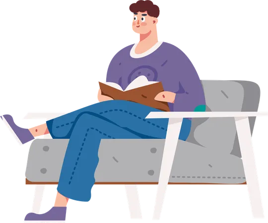 Man reading book while sitting on sofa  Illustration