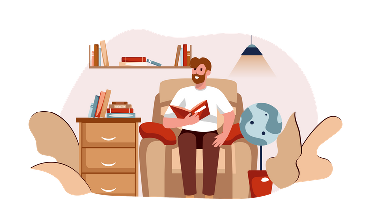 Man reading book while sitting on sofa  Illustration