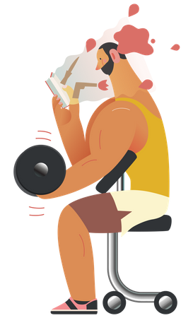 Man reading book while working out  Illustration