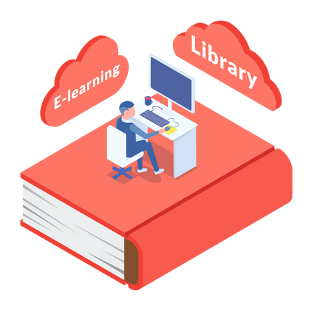 Man reading books through ebook  일러스트레이션