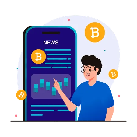 Illustration Of Man Reading Cryptocurrency News From Smartphone Illustration
