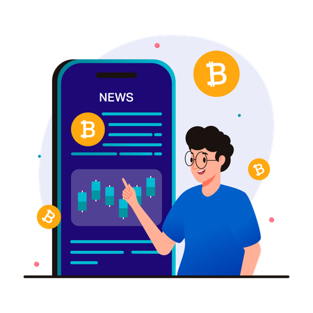 Man reading cryptocurrency news from smartphone  Illustration