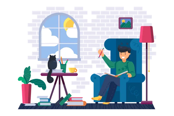 Man reading education book at home library  Illustration