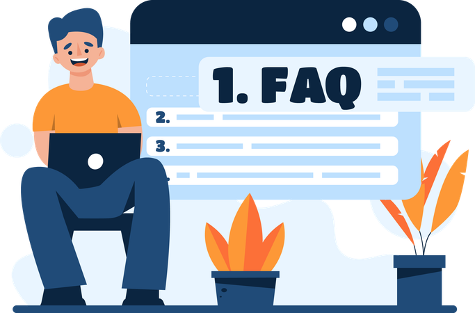 ノートパソコンを使って FAQ を読んでいる男性  イラスト