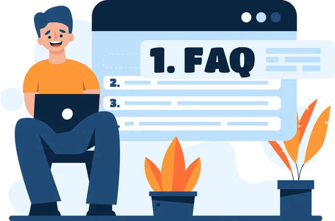 ノートパソコンを使って FAQ を読んでいる男性  イラスト