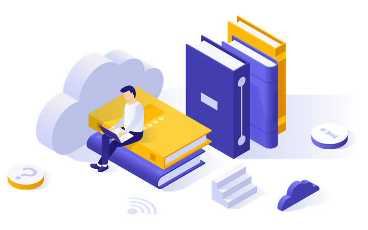 Man reading from cloud book library  Illustration