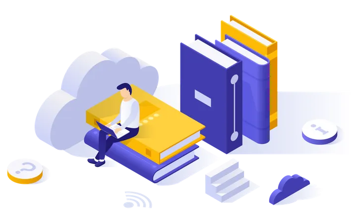 Man reading from cloud book library  Illustration