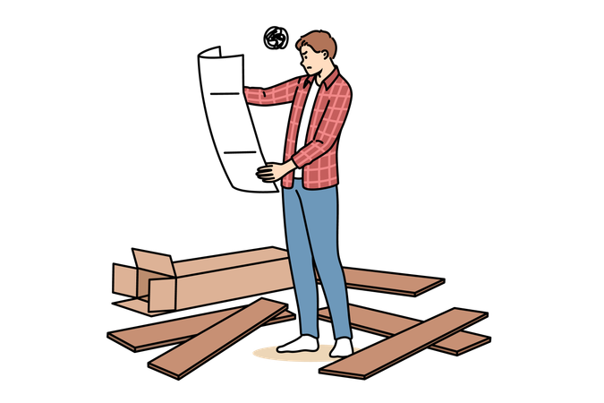 Man reading furniture instruction manual  Illustration