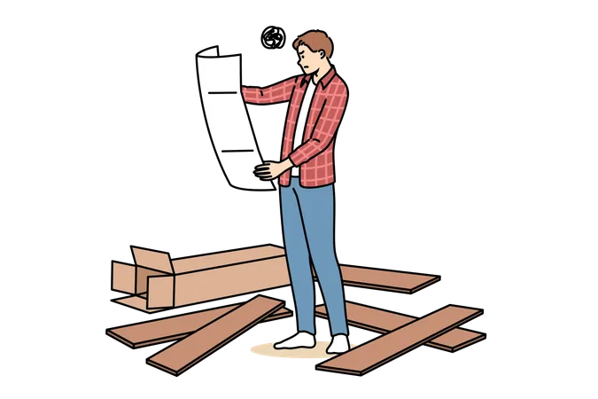 Man reading furniture instruction manual  Illustration